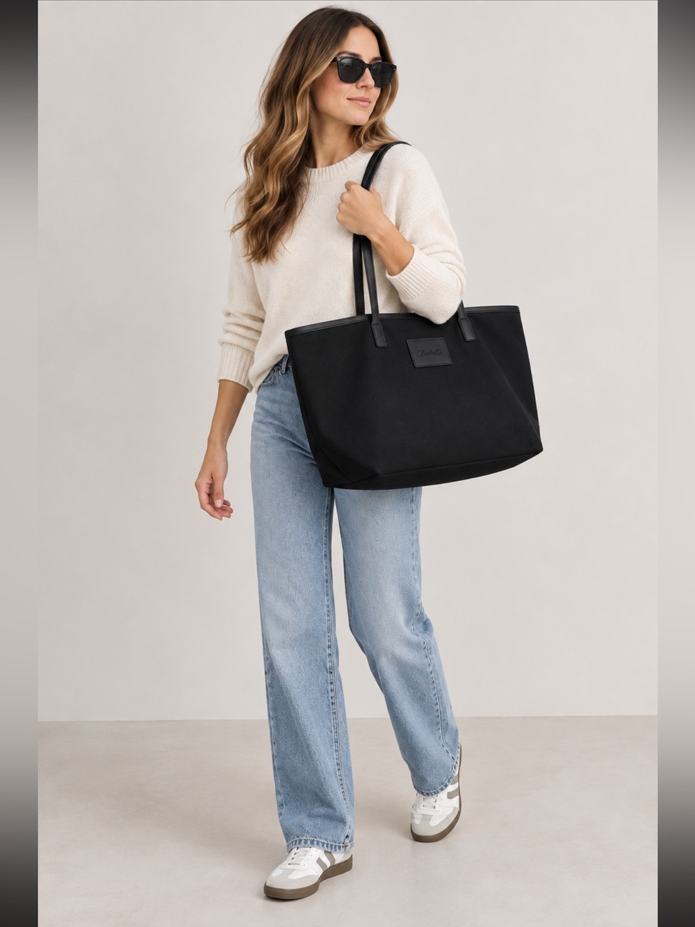 Cleobella Large Black Canvas Tote Bag Vegan Leather Trim Oversized Shopper